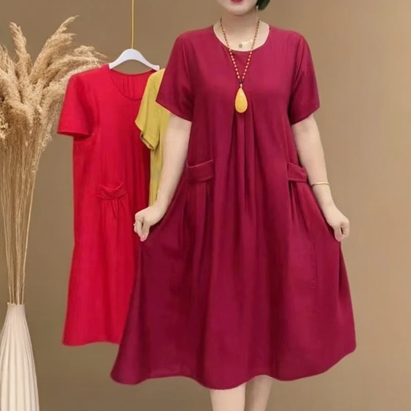 范哲萨女士时尚中老年女装夏装新款纯色连衣裙短袖休闲洋气遮肚中