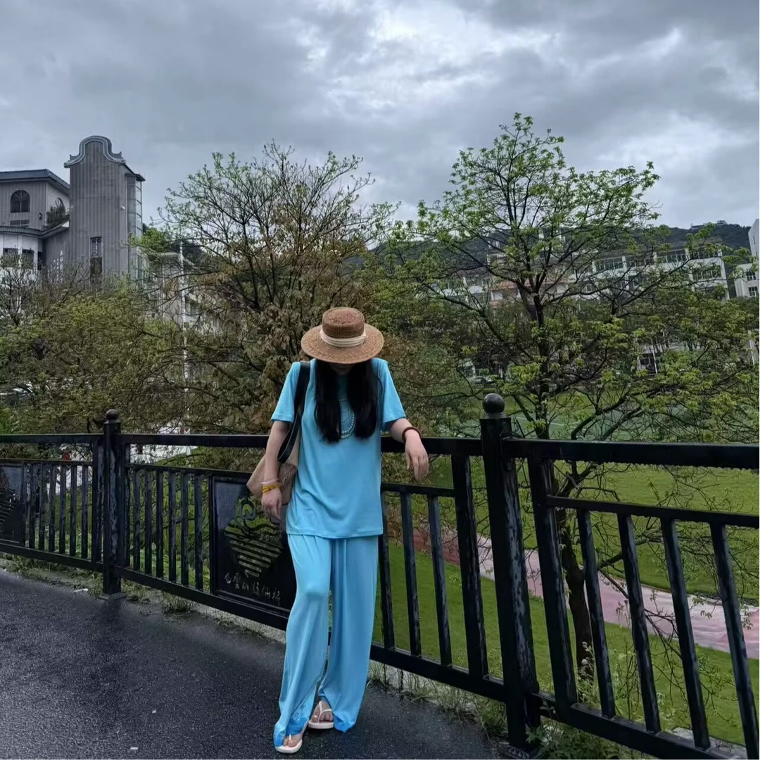 【宝儿姐优选】简约时尚垫肩短袖T恤+阔腿裤套装