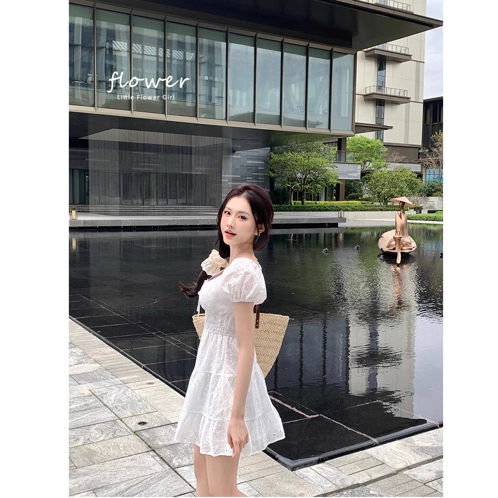 优秀的金蘑菇 春夏新款短袖白色收腰棉质舒适高级感法式连衣裙