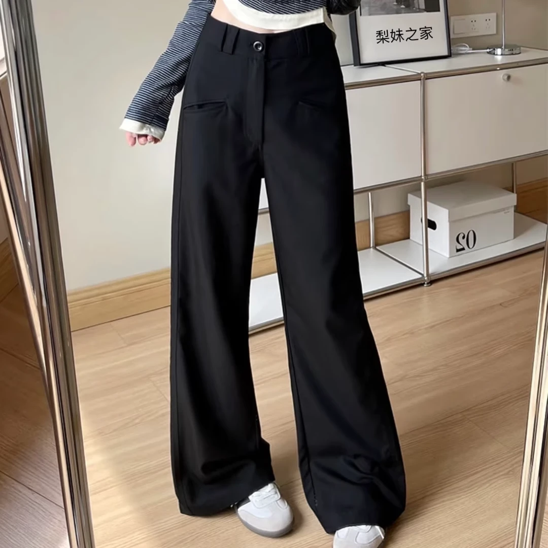 黑色阔腿休闲西装裤女秋冬加绒加厚大码胖mm梨形身材显瘦阔腿裤子