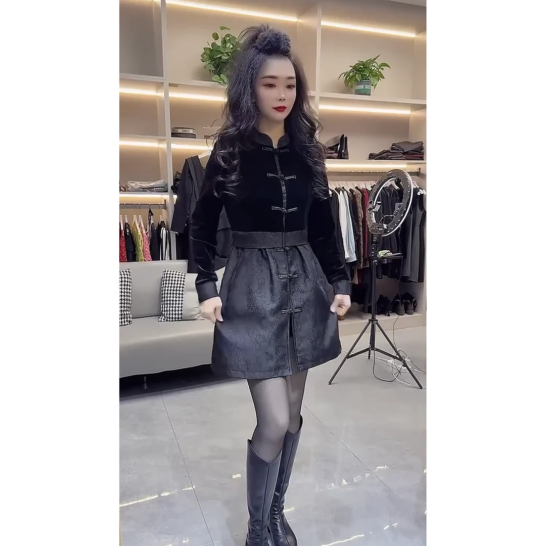 秋冬新款 国风盘扣拼接丝绒时尚开衫裙 复古气质显瘦收腰黑裙子