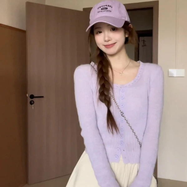 韩系紫色温柔风花边u领长袖针织开衫女春秋季高级感内搭短款上衣