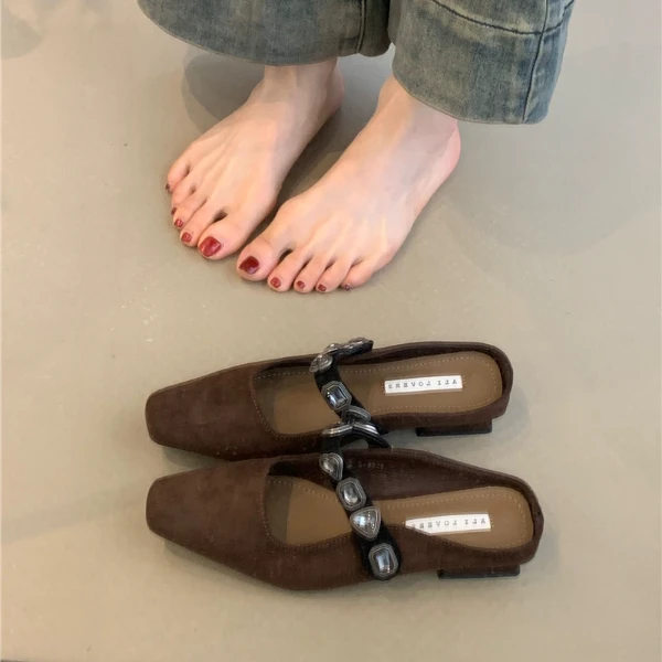ALQR-1358-2新款小众一字带金属扣低跟包头半拖鞋女外穿平底凉拖