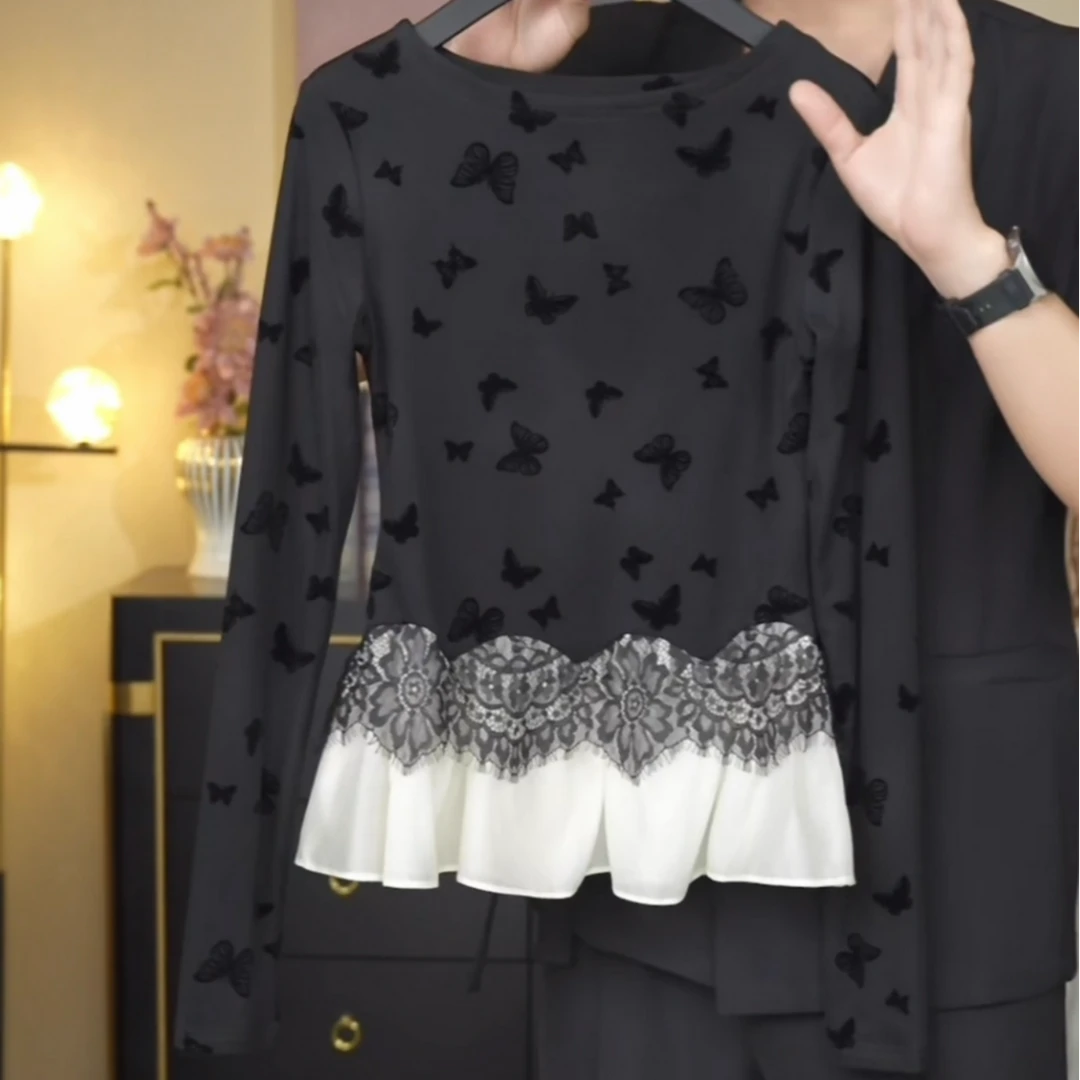 2025秋冬款优雅高级感蝴蝶印花蕾丝拼接假两件长袖内搭打底衫T恤