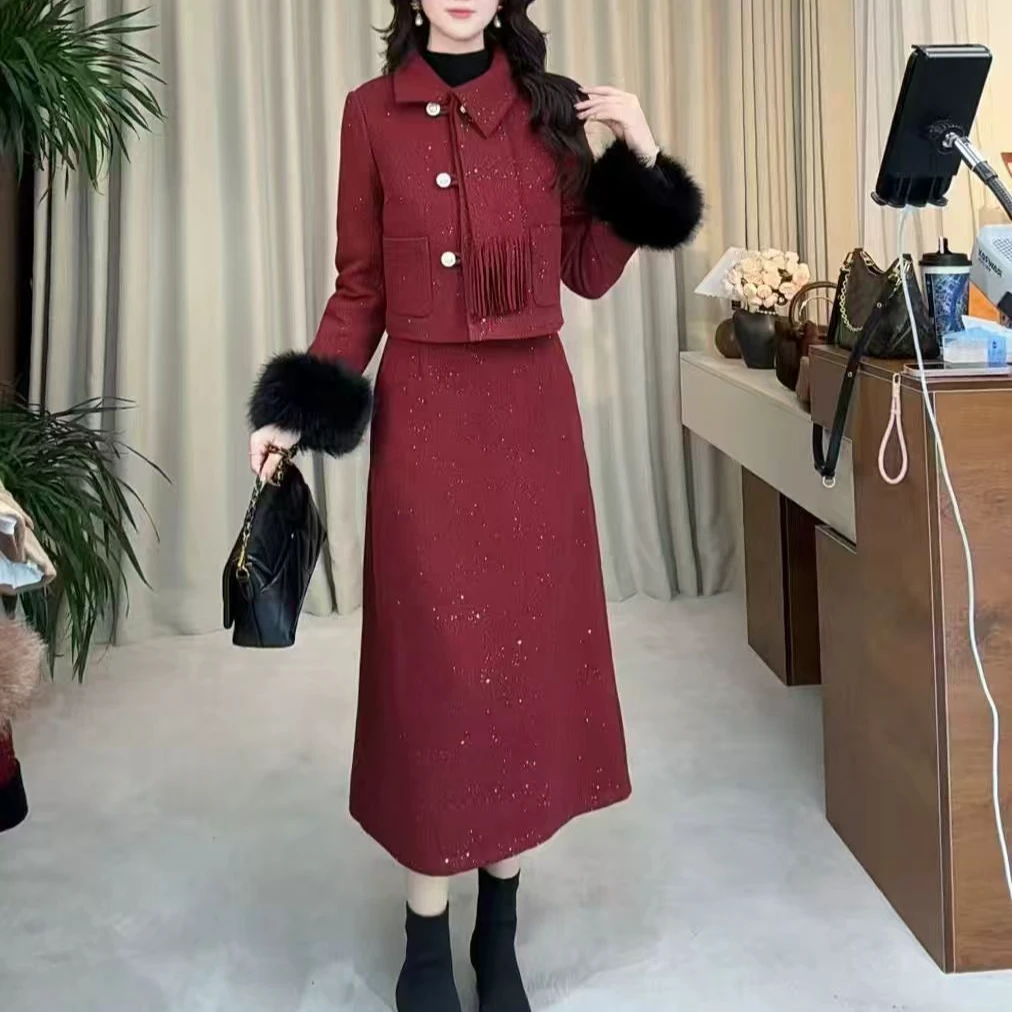 【加棉上衣+裙子】2025秋冬新款显瘦气质洋气红色时尚百搭套装
