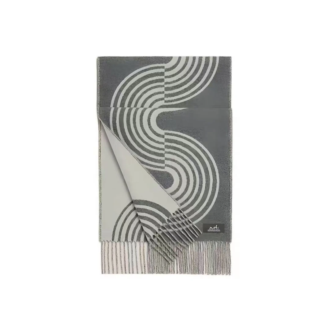 未使用 Hermes/爱马仕 小花6珊 波浪图案 浅灰色 山羊绒