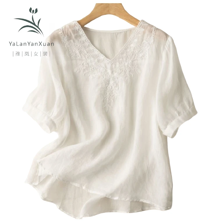 【雅岚女装】时尚洋气显瘦纯棉宽松短袖t恤夏季新款领刺绣气质中式