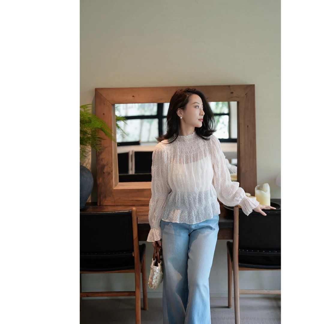 <特价款NO退NO换！！>MEIYINA定制 （海岛听风） 白色波点褶皱衬衫