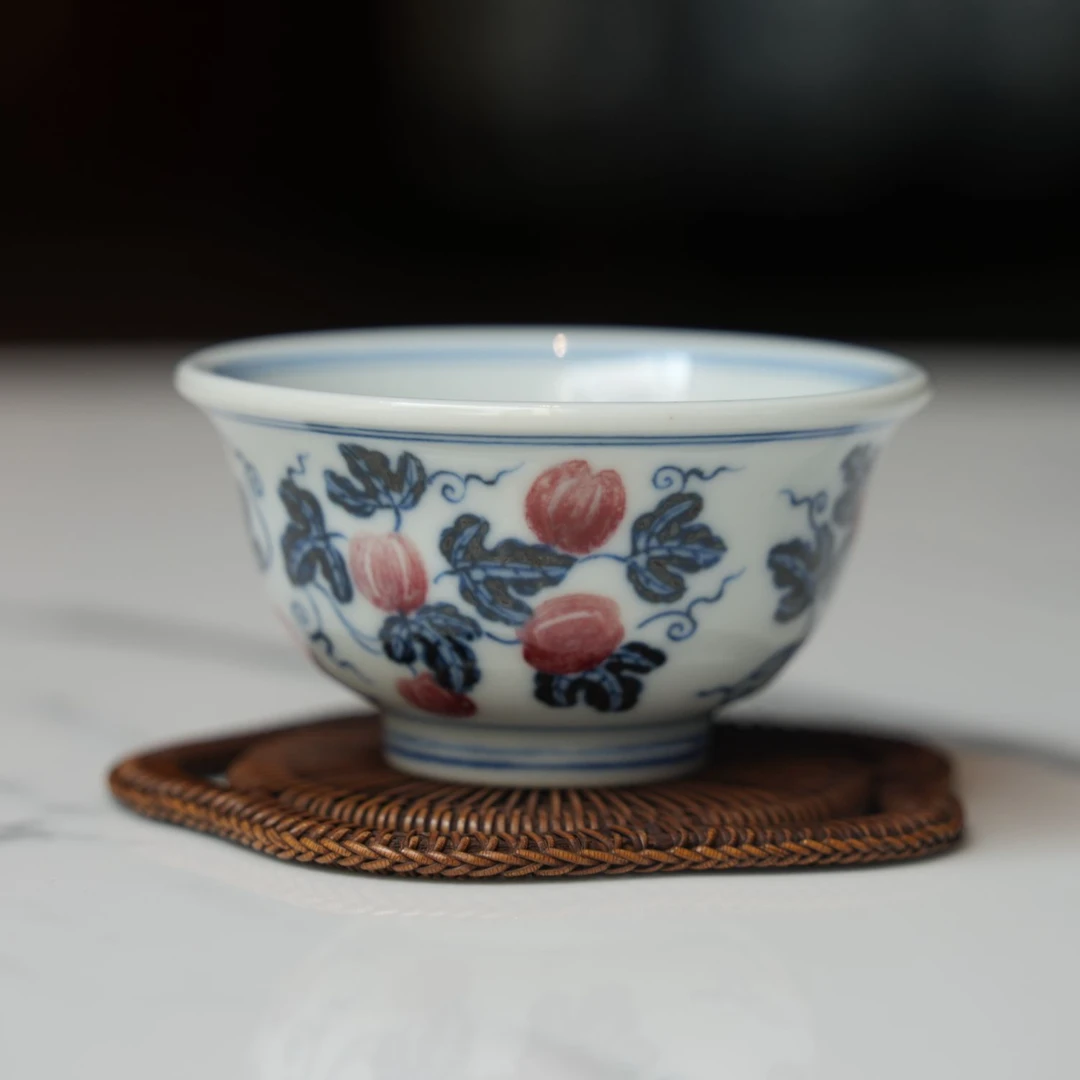 春风祥玉青花釉里红缠枝西瓜小压手杯陶瓷纯手工主人杯手绘名窑