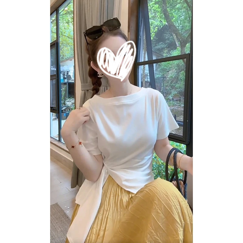韩版时尚高级感气质百搭显瘦时尚圆领短袖T恤女不规则褶皱上衣