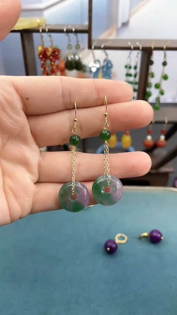 14K金镶嵌软玉耳饰春彩平安扣