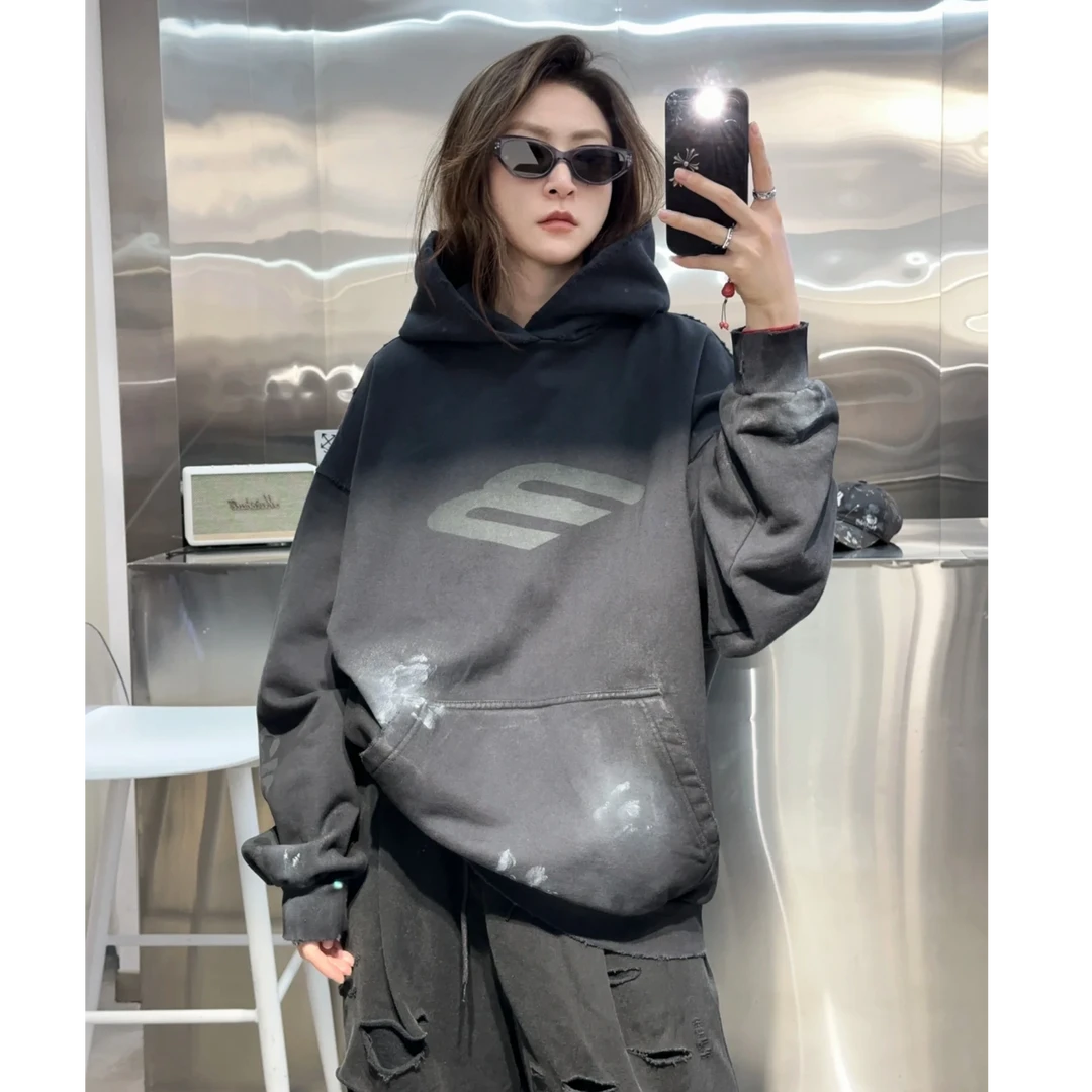 未使用 Balenciaga/巴黎世家 24新款3B泼墨连帽卫衣 黑色L