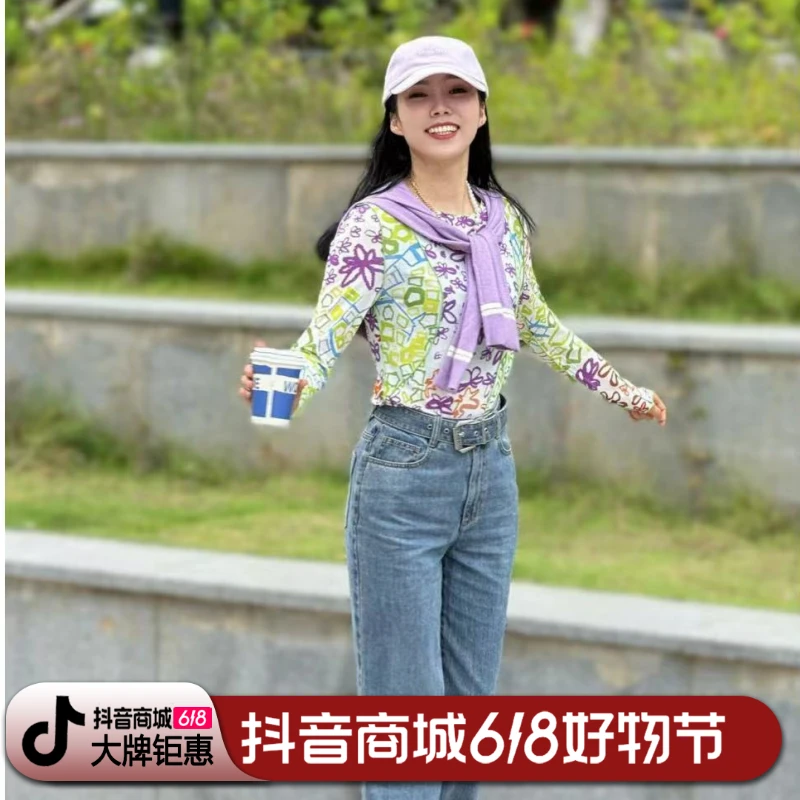 哥弟 圆领拼接手绘印花图案丝网衫蕾丝气质长袖休闲1300947时尚