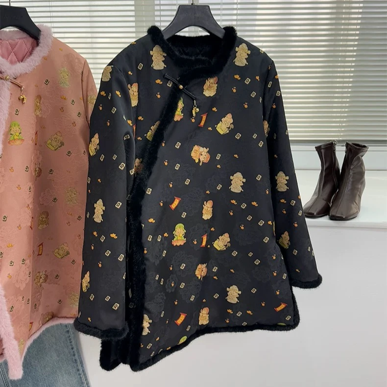 Momo2025早春百搭高级设计师款新中式国风财神水貂毛棉服