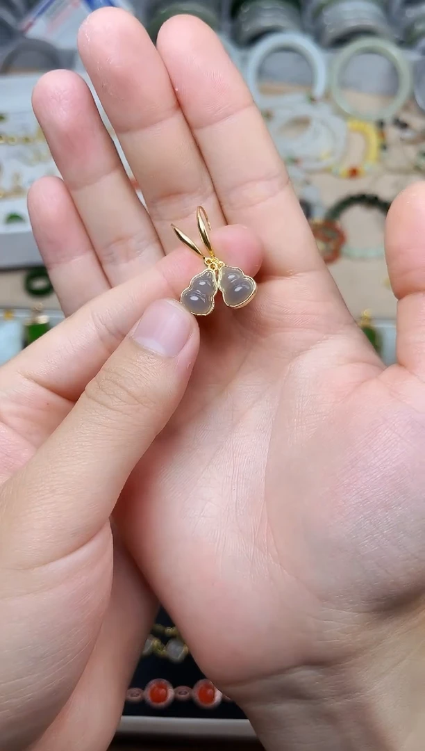 和田玉银S925镶嵌耳饰06烟紫葫芦