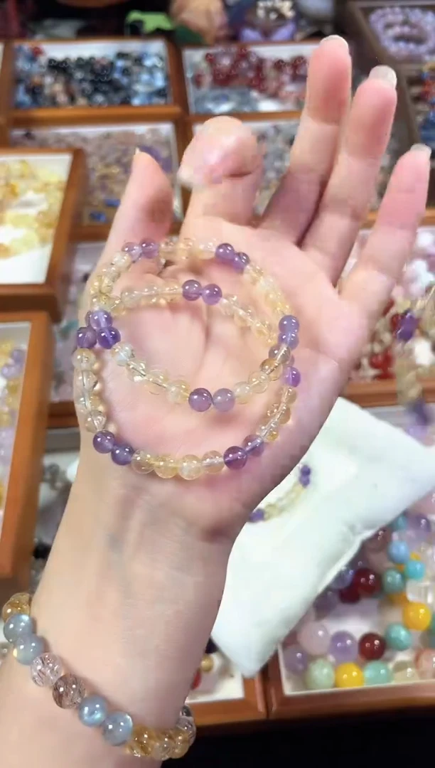 未镶嵌手串水晶天然高品透体黄塔晶紫水晶双拼手串