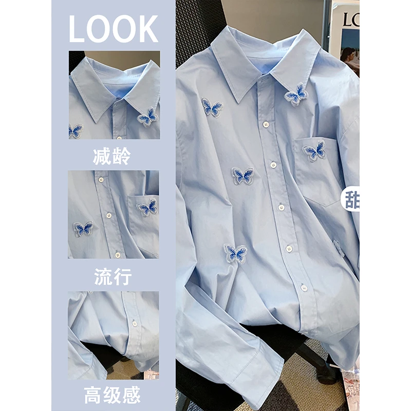 春季女2025年新款蓝色polo领刺绣蝴蝶结衬衫设计小众长袖内搭衬衣