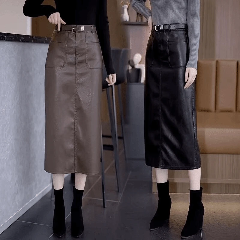 2025新款显瘦洋气高腰半身皮裙女秋冬季时尚垂感中长款过膝一步裙