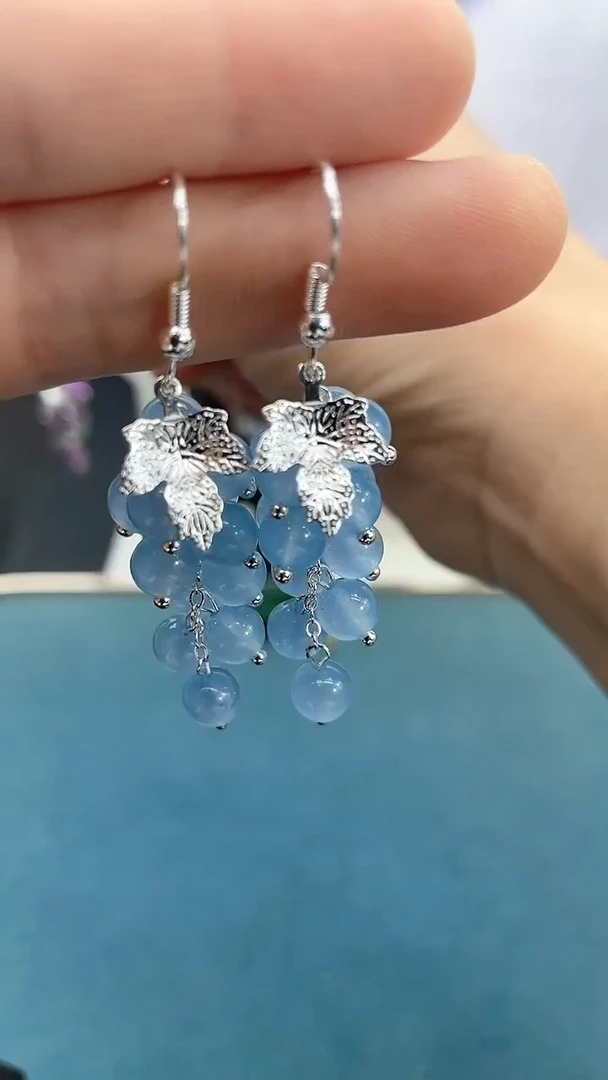 海蓝宝石耳坠银S925镶嵌6mm海蓝葡萄