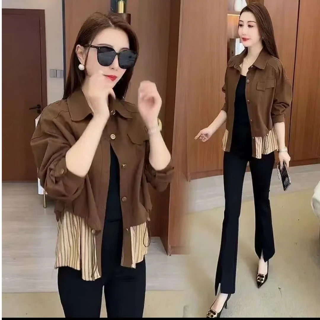 2025秋季新款设计感假两件牛仔拼接短外套女时尚宽松显瘦百搭外套