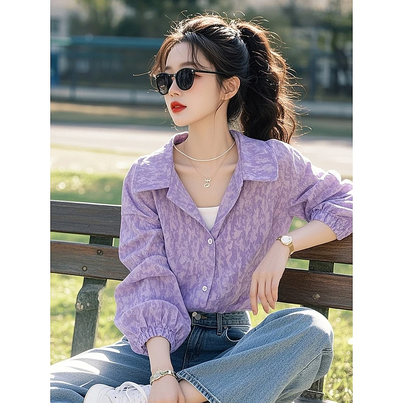 紫色翻领印花衬衫2025春季爆款小衫女减龄洋气法式独特绝美小上衣