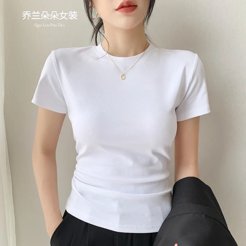 白色正肩恤女短袖夏季新款修身95棉小圆领体恤基础款百搭上衣女款