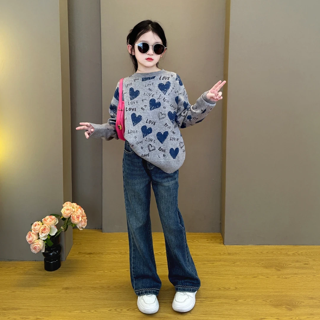 女童套装2025新款儿童喇叭牛仔裤春秋装女孩洋气时髦毛衣两件套潮