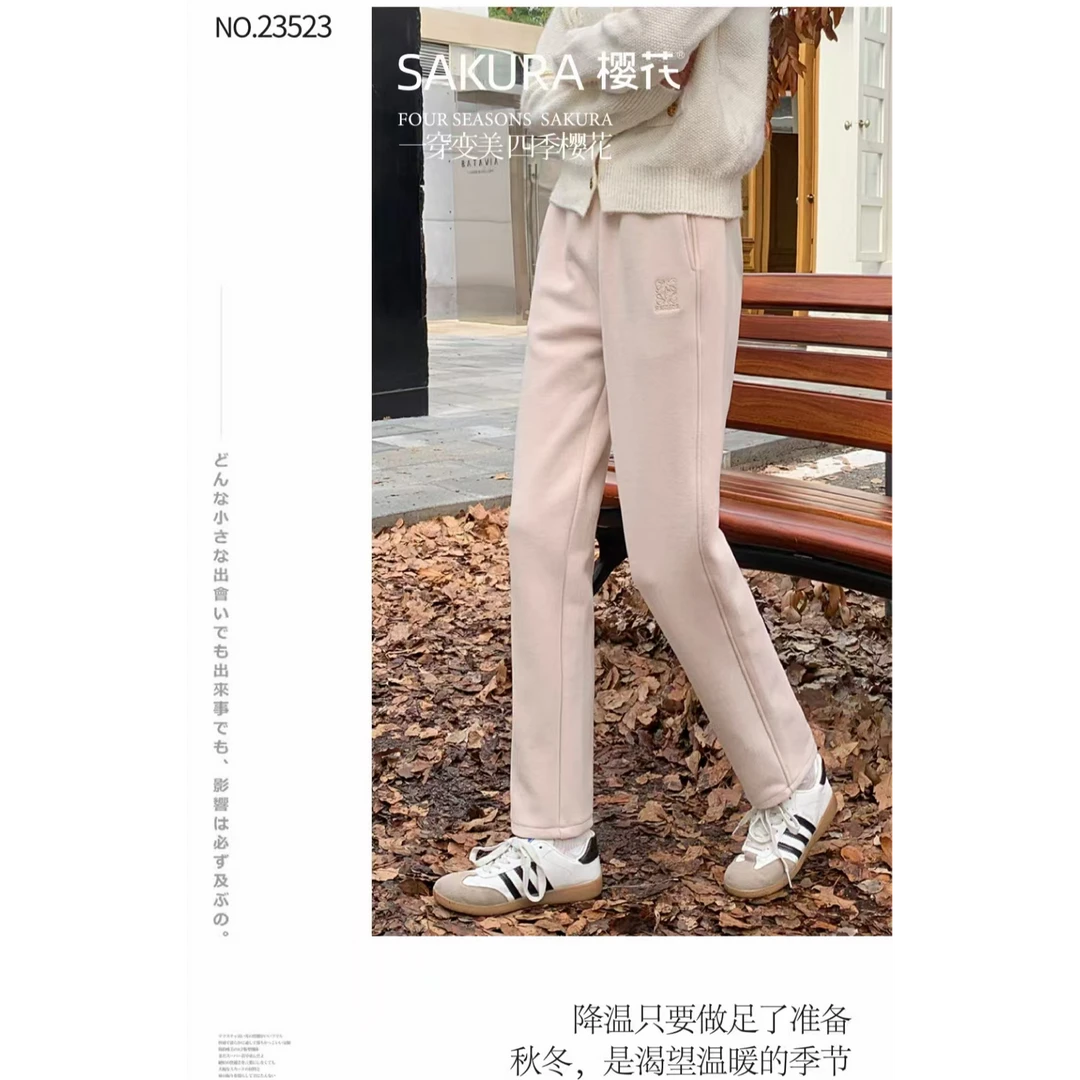 女士刺绣加绒加厚樱花裤法棍裤23523