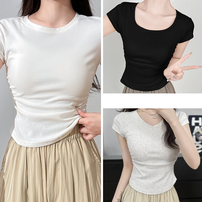 正肩短袖T恤2024新款女款春夏季甜辣多巴胺穿搭修身低短款上衣