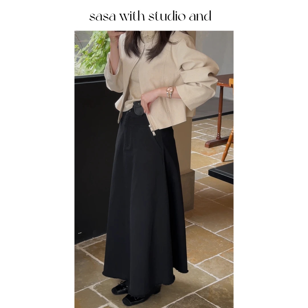 春款上新高腰水洗A字半裙毛边设计感百搭半裙 075568