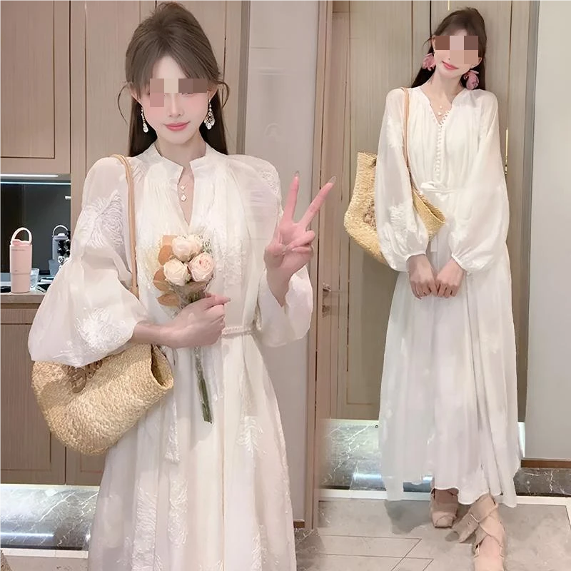 【小鹿lulu专属】高级感绣花长袖连衣裙2025春夏宽松绝美纱裙长裙