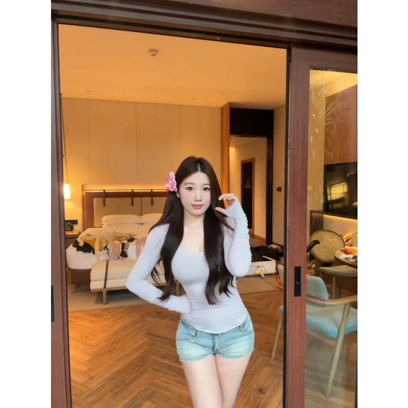 一只雪雪【原色】新款春季气质纯欲薄款百搭修身韩版打底上衣