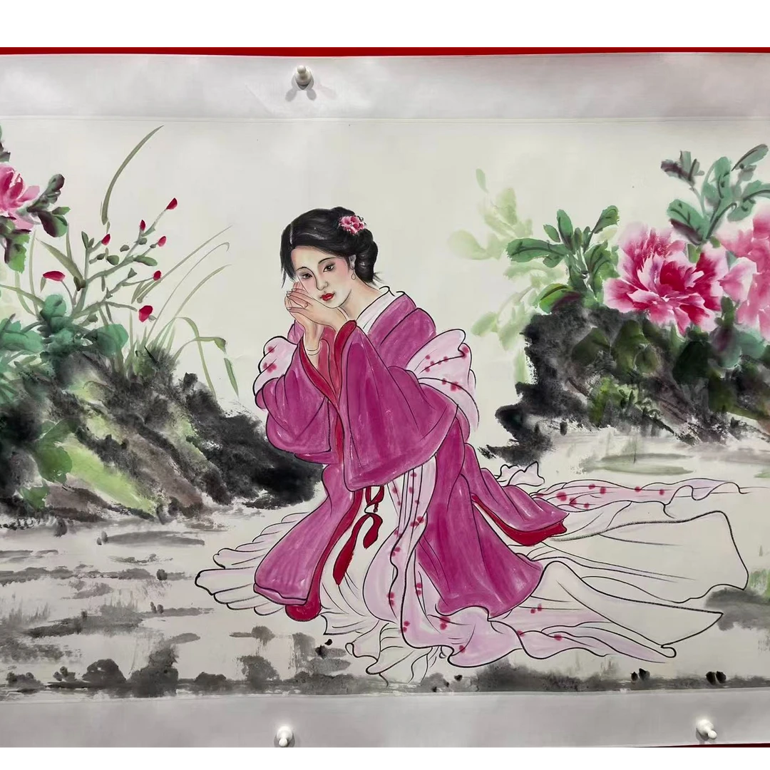 馆藏卷轴-横幅-仕女图+牡丹-HJY-嘉福书画院