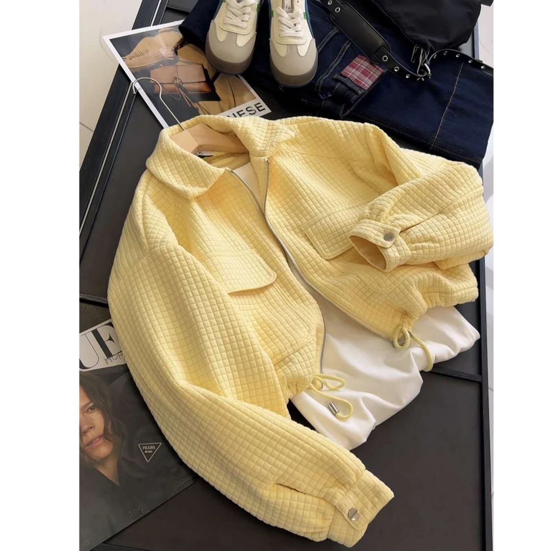 潮流温柔奶黄色夹棉短外套春季新款外贸女口袋拉链宽松时尚上衣