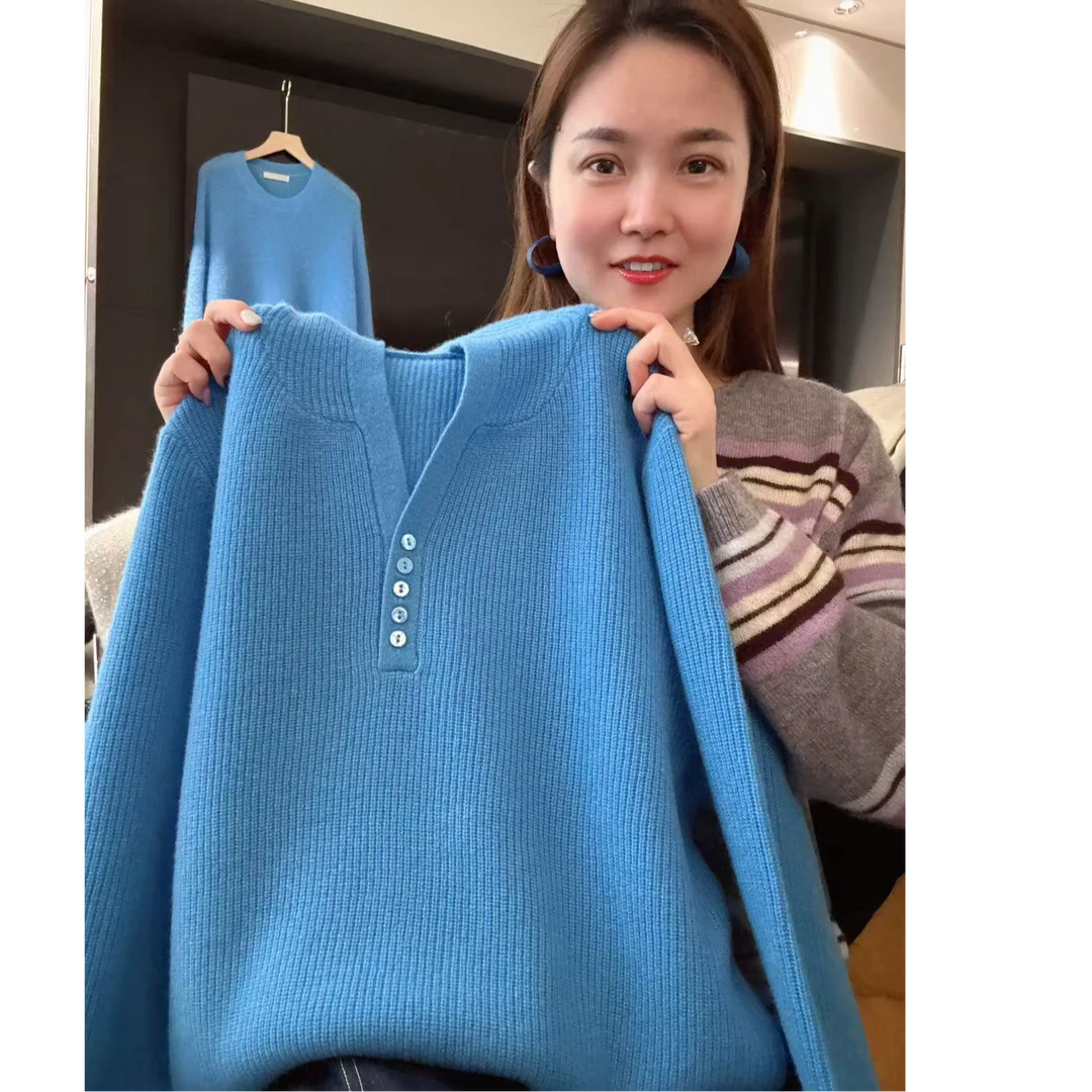 「纽扣连帽」版型超好！早秋新款穿搭连帽纯色宽松显瘦针织衫-5282