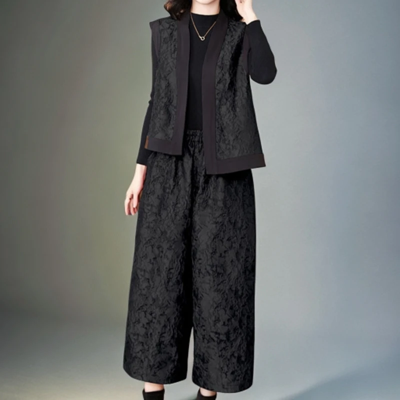 2024新款时尚马甲秋季套装女高级感阔腿裤气质两件套妈妈装新中式