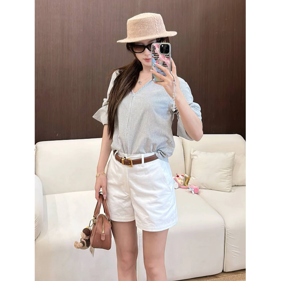 【老钱新贵】 秋装新品条纹V领拉链长袖衬衣女休闲宽松显瘦衬衣上衣