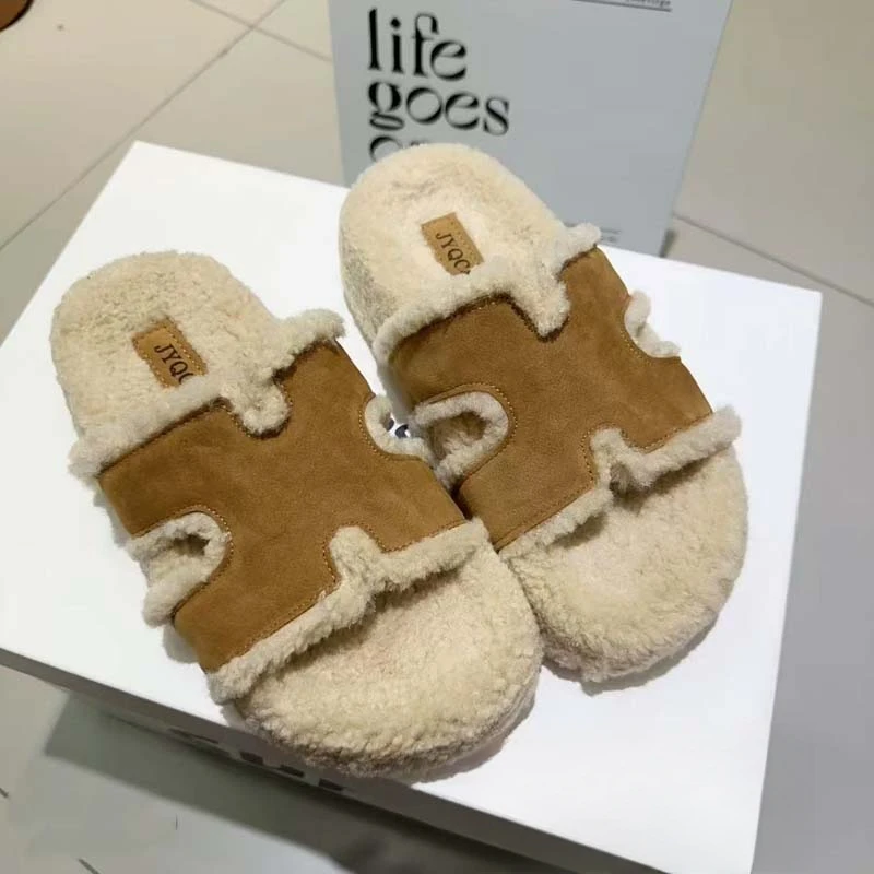厚底勃肯毛毛拖鞋女外穿2025新款秋冬高级感毛茸茸日系居家棉拖鞋