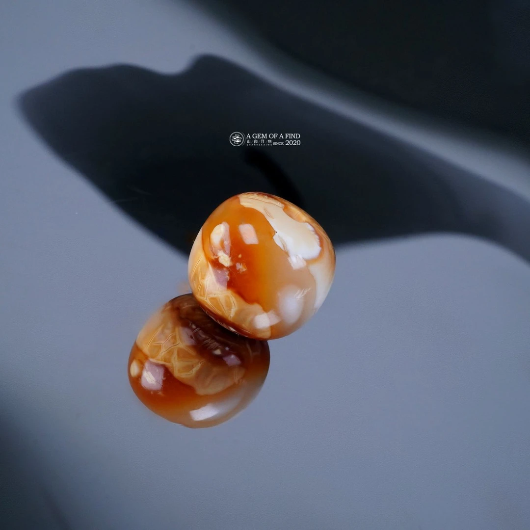 山和开物｜9.2mm金瓷白橘红彩沁网花老型文玩配饰 天然琥珀蜜蜡