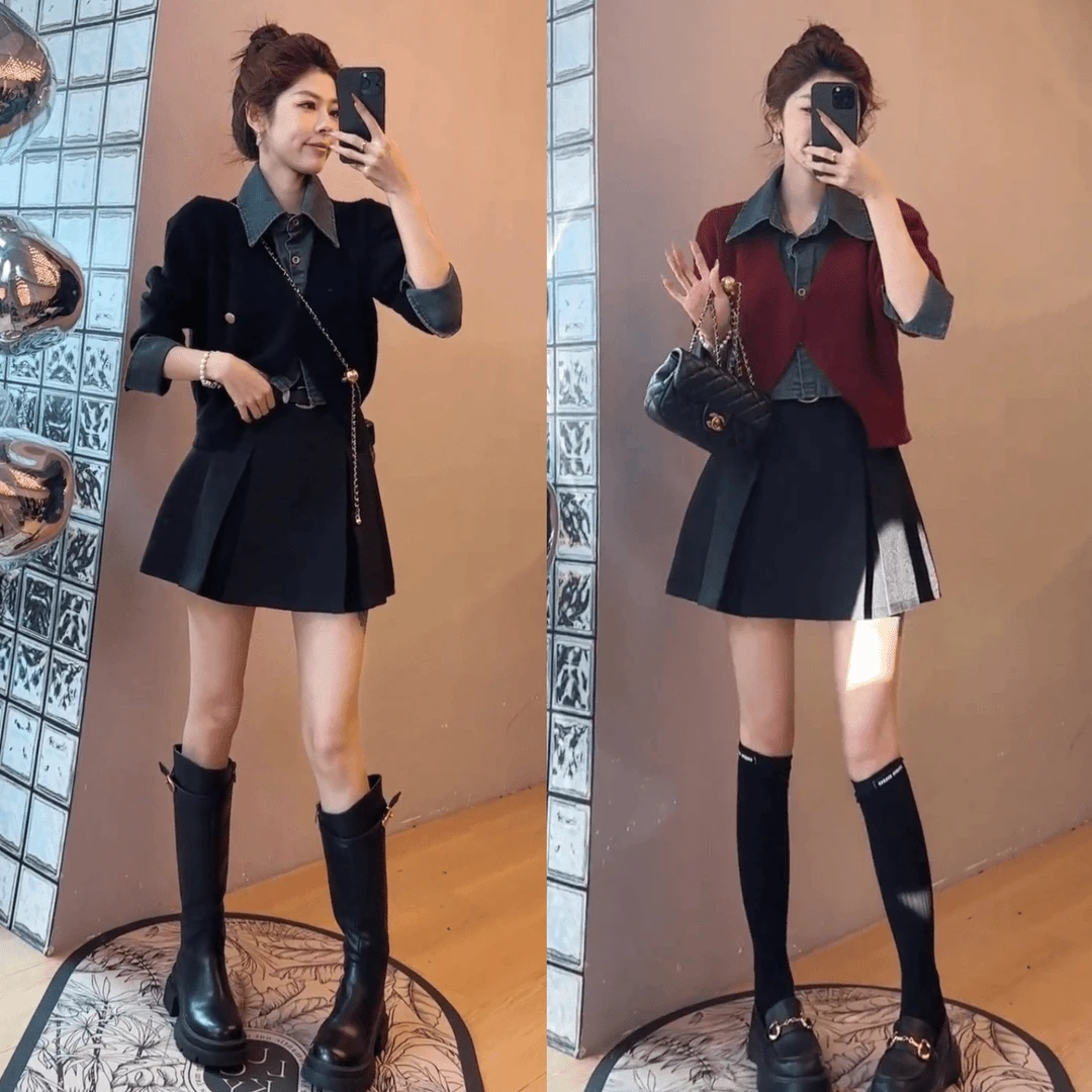 时尚拼接牛仔POPO领假两件针织毛衣+高腰显瘦A字工字百褶半身裙女