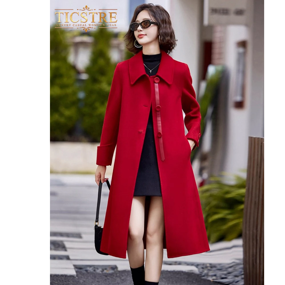 TICSTERE红色高级感双面羊绒大衣女秋季新款中长款结婚羊毛呢外套