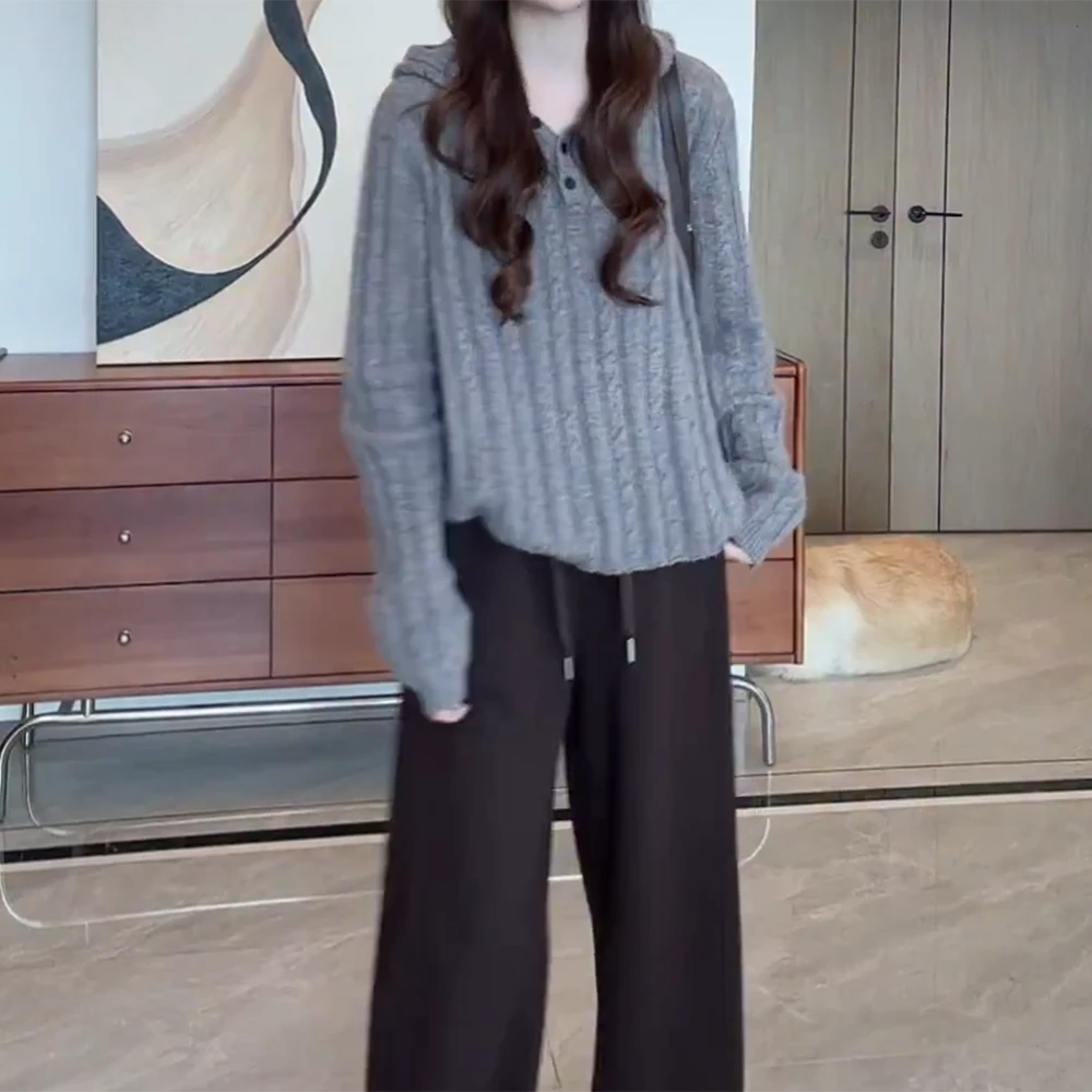 新款韩系简约休闲慵懒风宽松针织衫三扣连帽麻花毛衣C6501