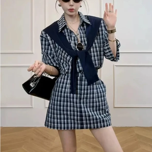 【小鑫】柏林学院 胖mm夏季新款时尚设计感减龄洋气披肩格子裙