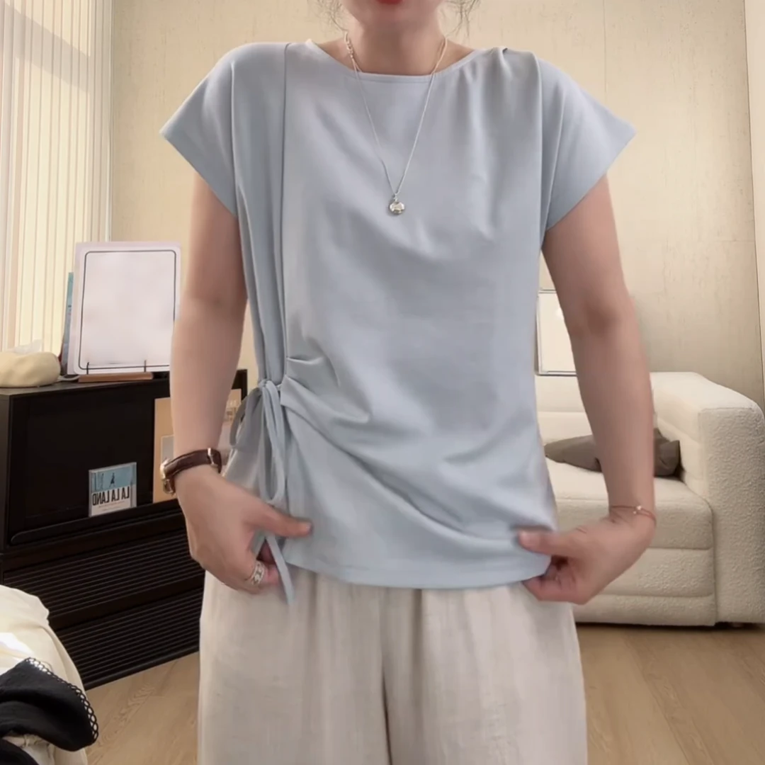 “冰皮小蛮腰”简约侧边抽绳打褶绑带夏日纯色短袖T恤女LK2504625