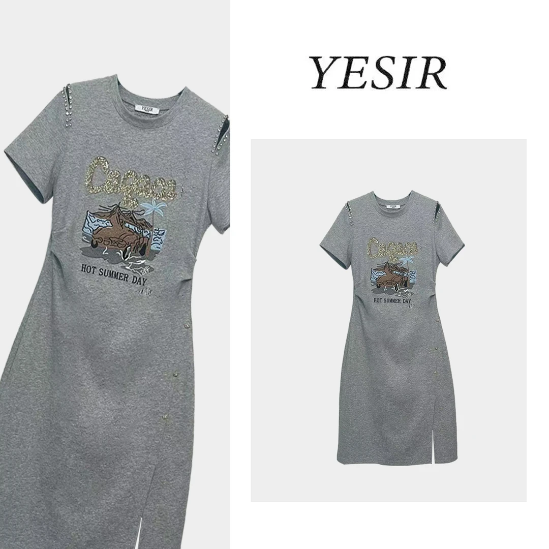 Q25148-灰色重工拼接设计收腰显瘦连衣裙