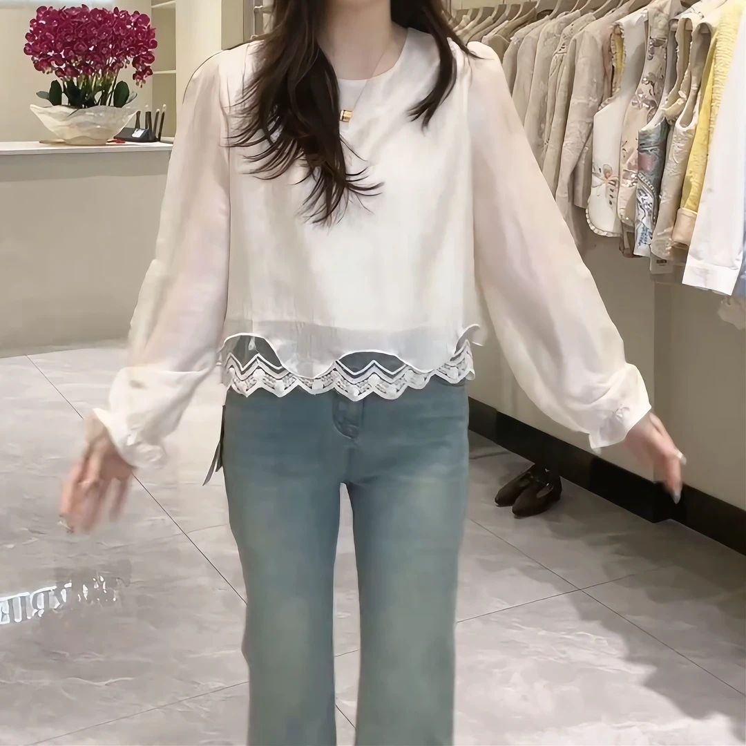 2025春季韩系蕾丝花边醋酸小衫时尚韩版长袖打底上衣女LK2501849