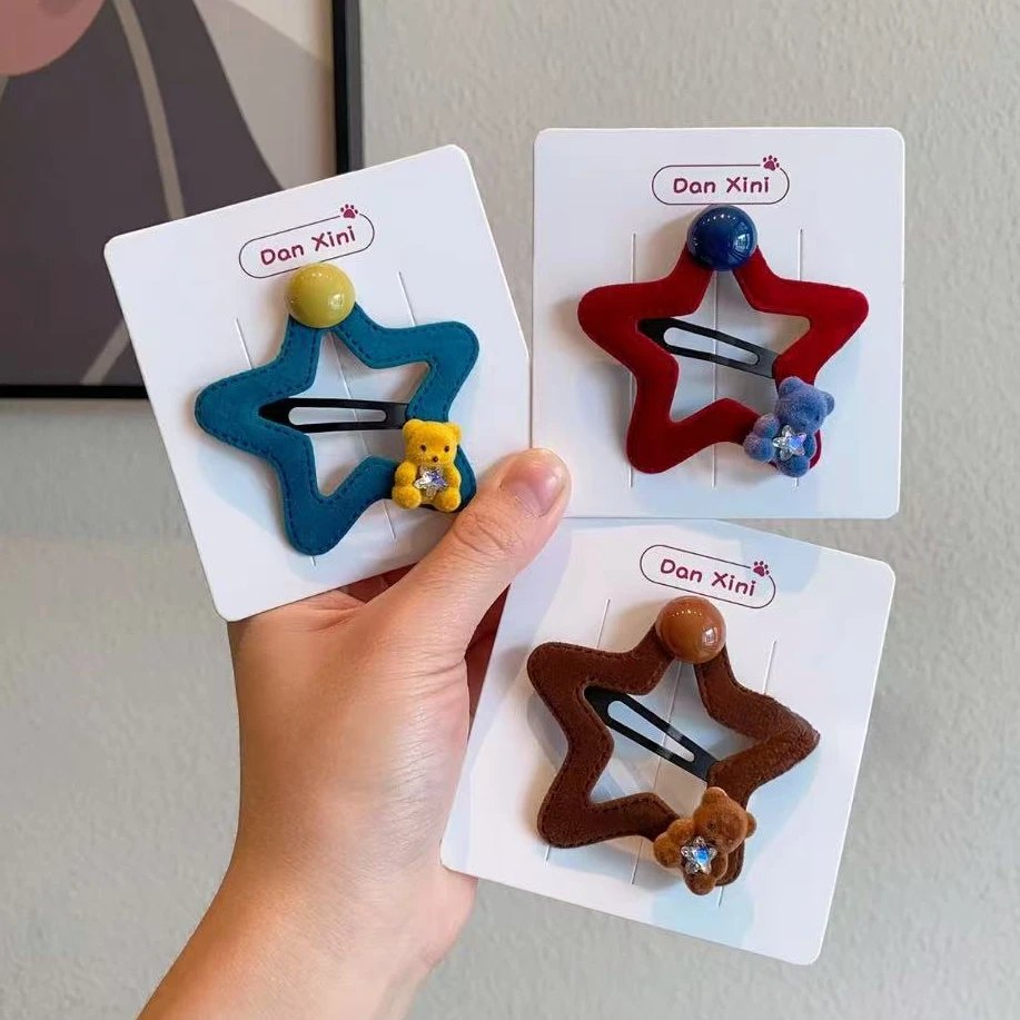 【植绒星星发夹】儿童植绒五角星星发夹可爱小熊侧边发卡子女童新款