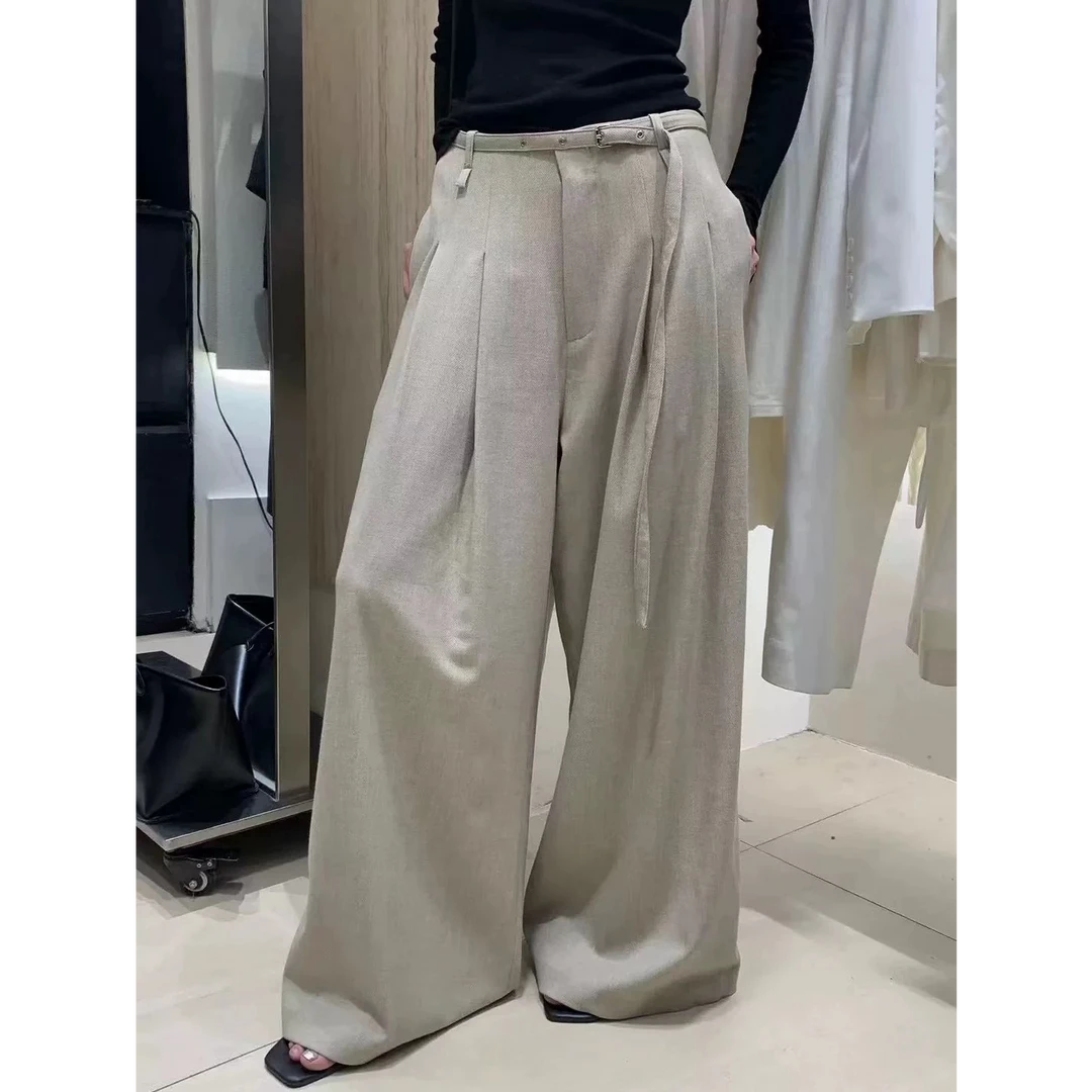 【ZZ严选亚麻裤】900808早春季带腰带高腰长裤女小个子显高阔腿长裤