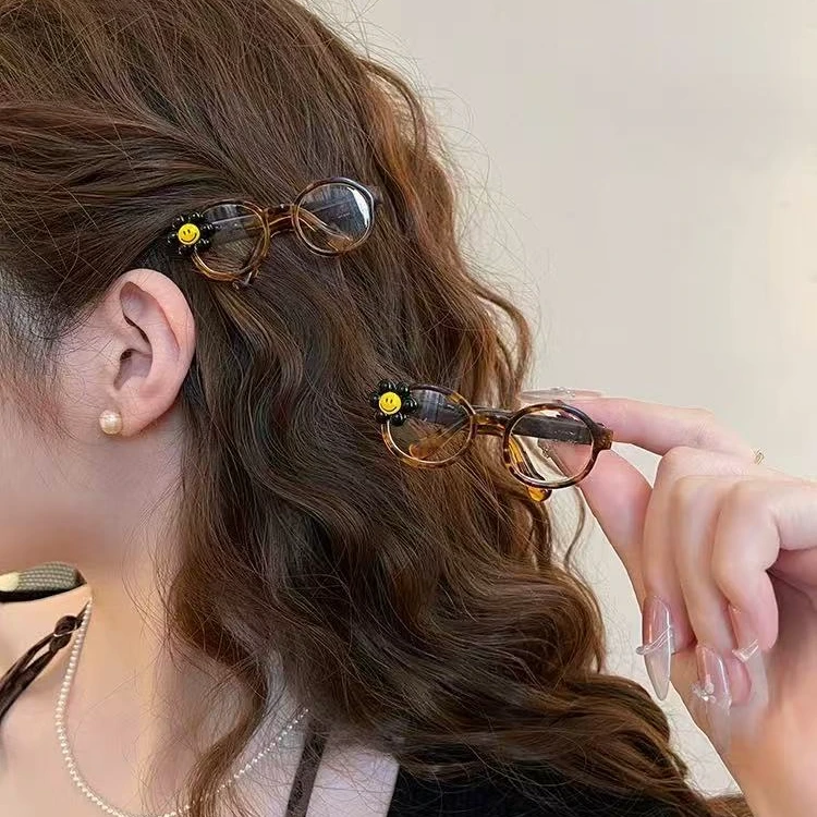 新款夏日花朵笑脸眼镜鸭嘴夹发夹小众设计时尚刘海夹发饰