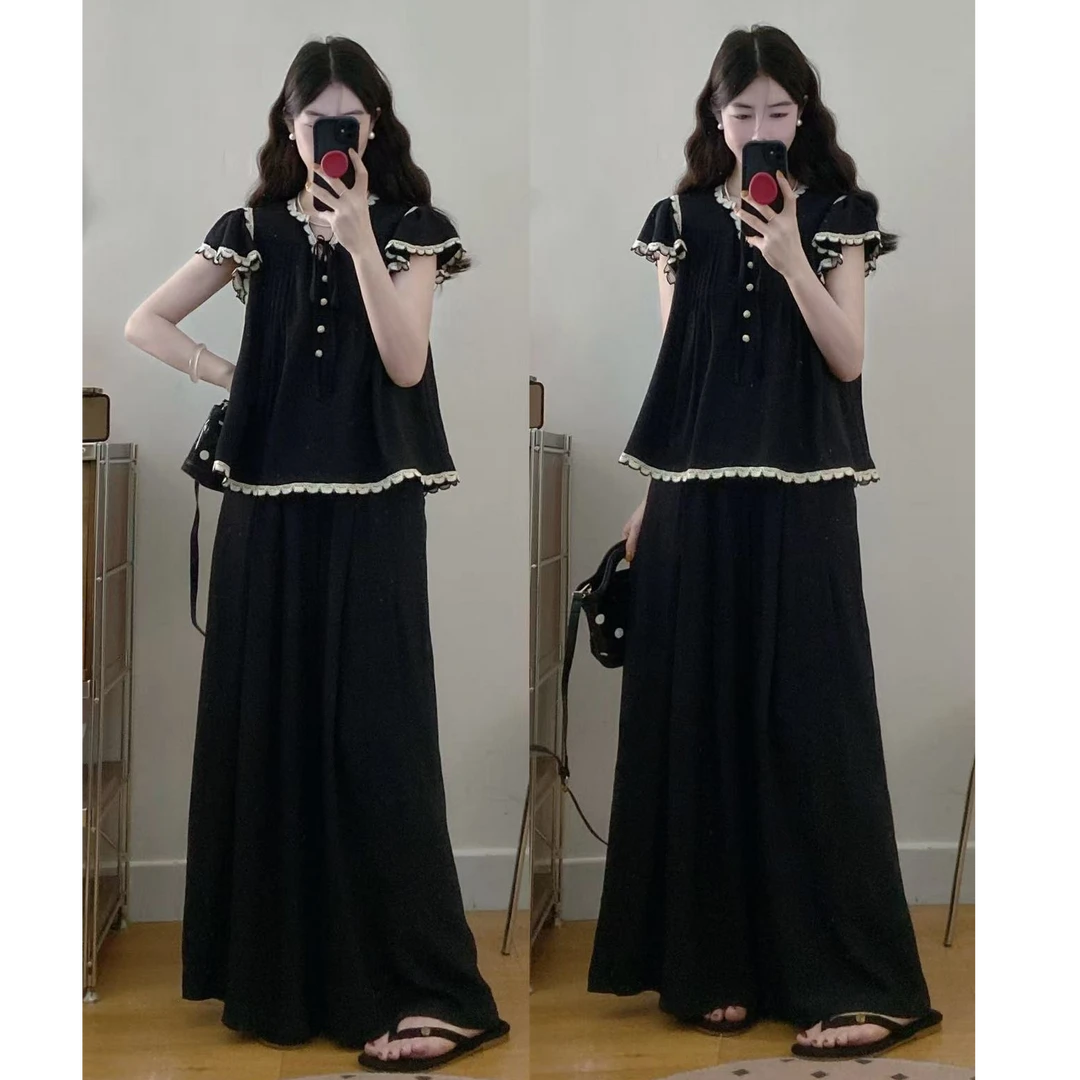 大码夏季新款胖MM高级感花边显瘦上衣+高腰阔腿裤两件套装